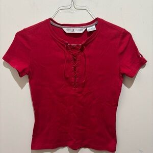 Tommy Hilfiger Women's Red Lace-Up Top, Y2K 2001 vintage 100% cotton Small